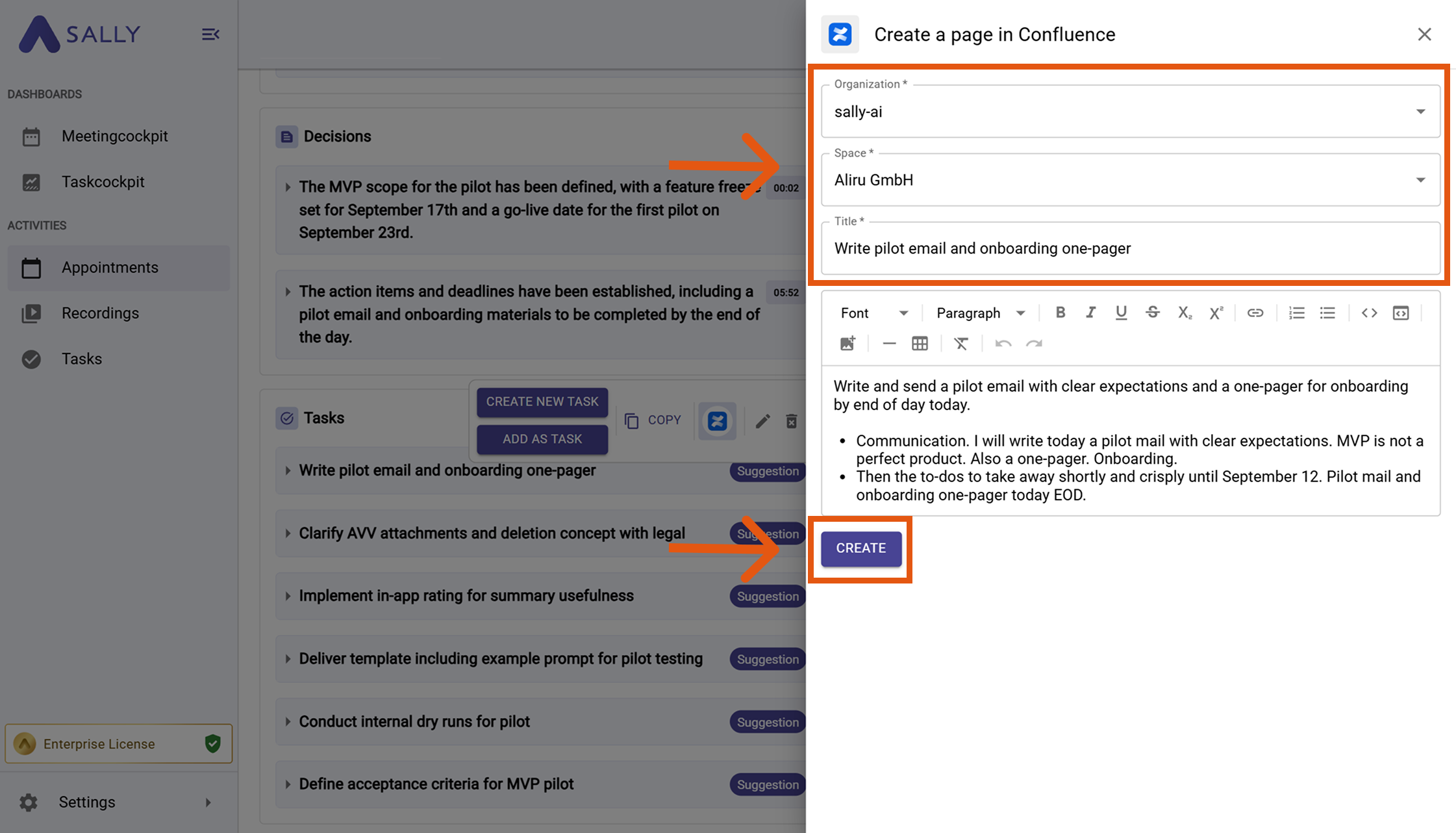 Create a page in Confluence modal with Organization, Space, Title