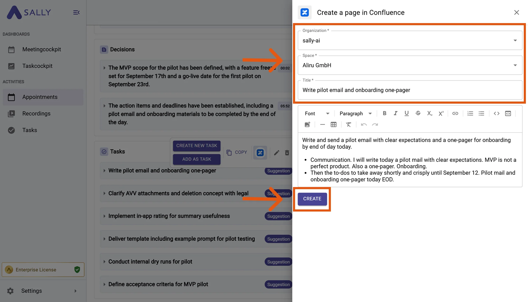 Create a page in Confluence modal with Organization, Space, Title