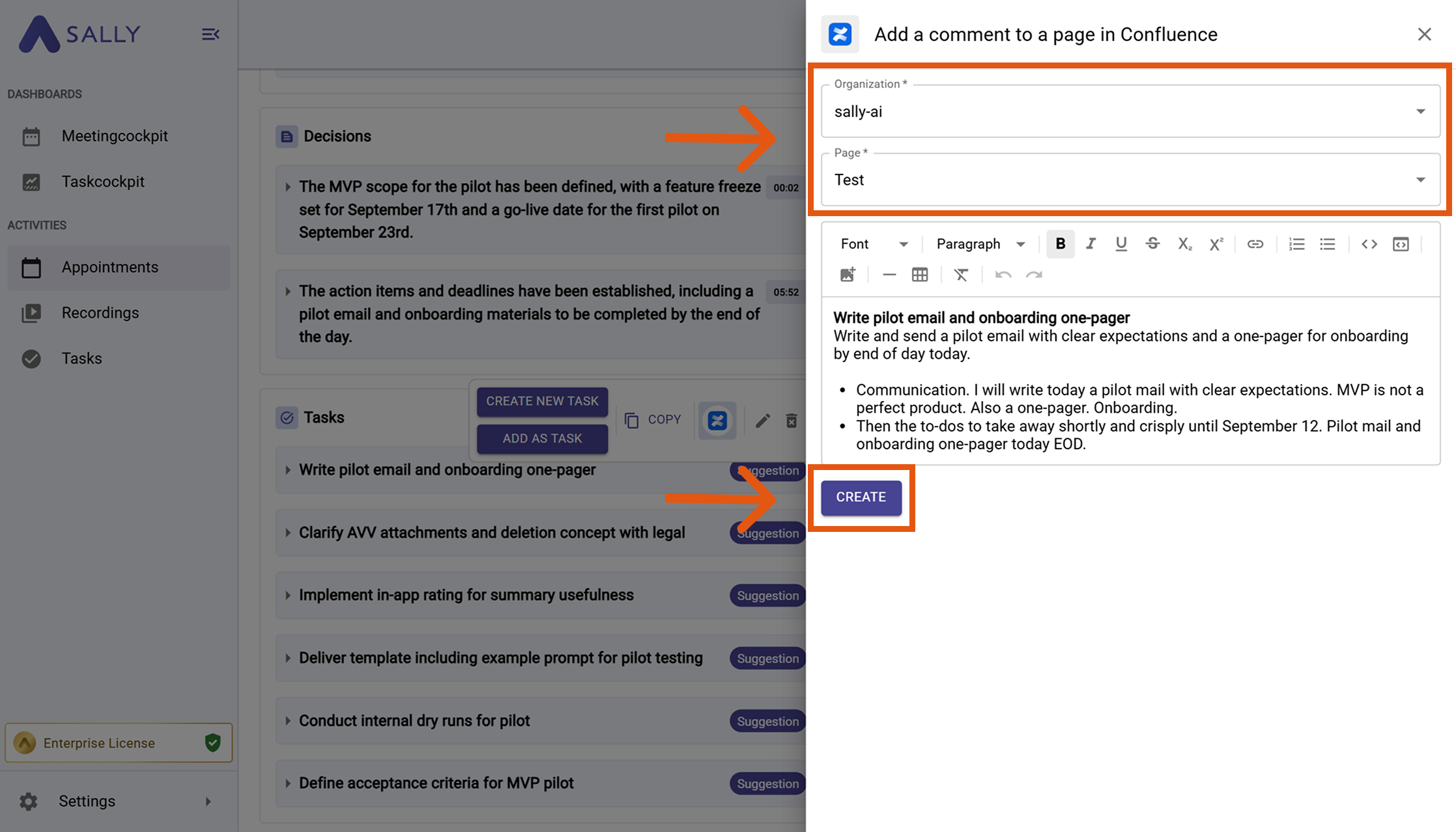 Create comment in Confluence modal with Organization, Page