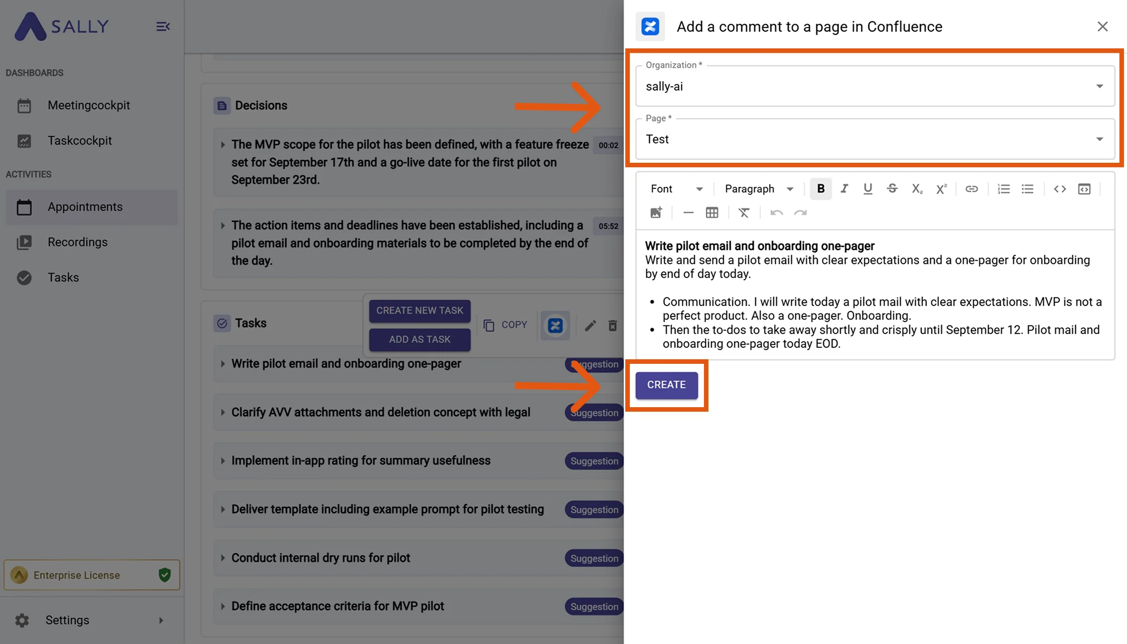 Create comment in Confluence modal with Organization, Page