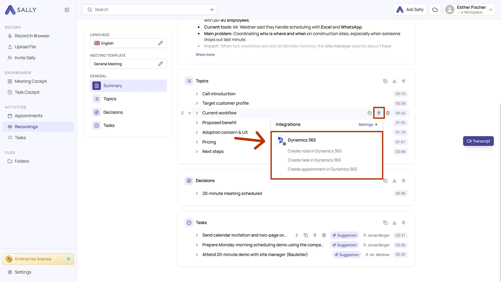 Integrations menu on a topic with the three Dynamics 365 actions