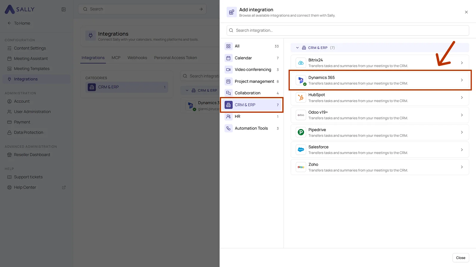 List of integrations with the CRM and ERP category and the Dynamics 365 entry highlighted