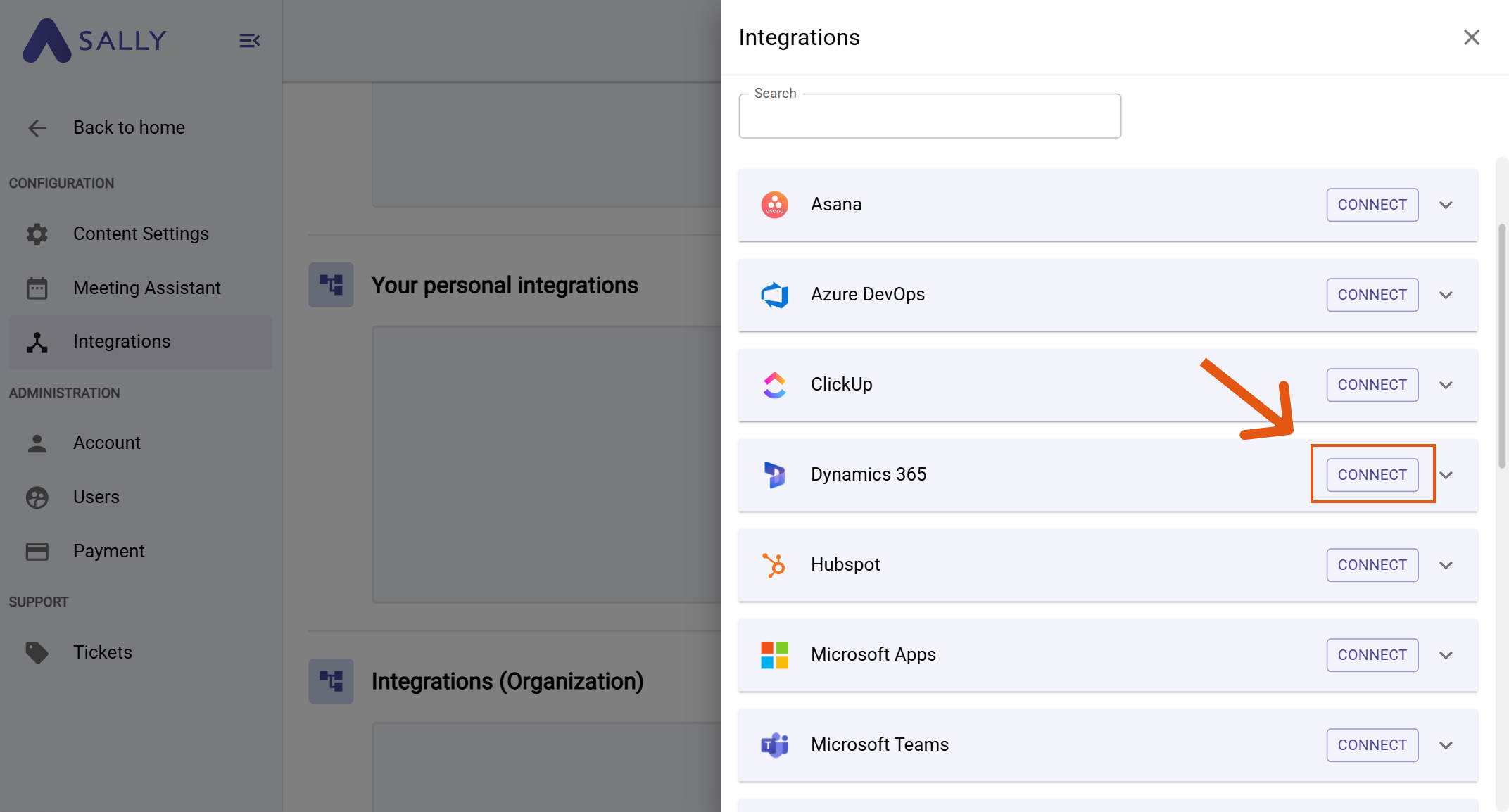 Dynamics 365 in the integrations list with Connect button