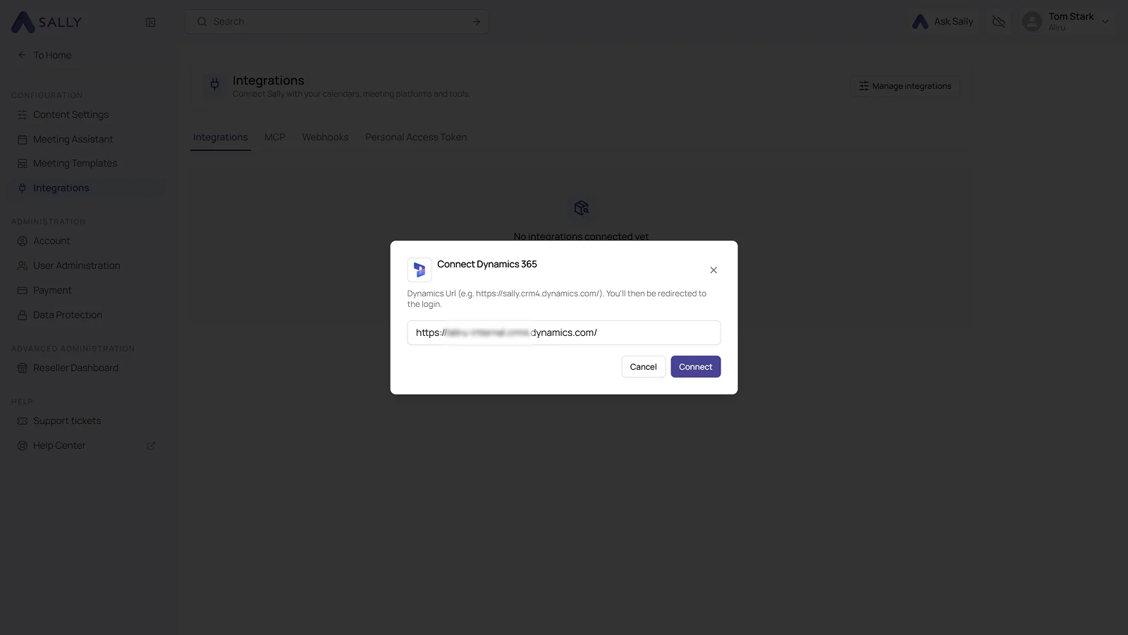 Connect Dynamics 365 dialog with the field for the Dynamics URL