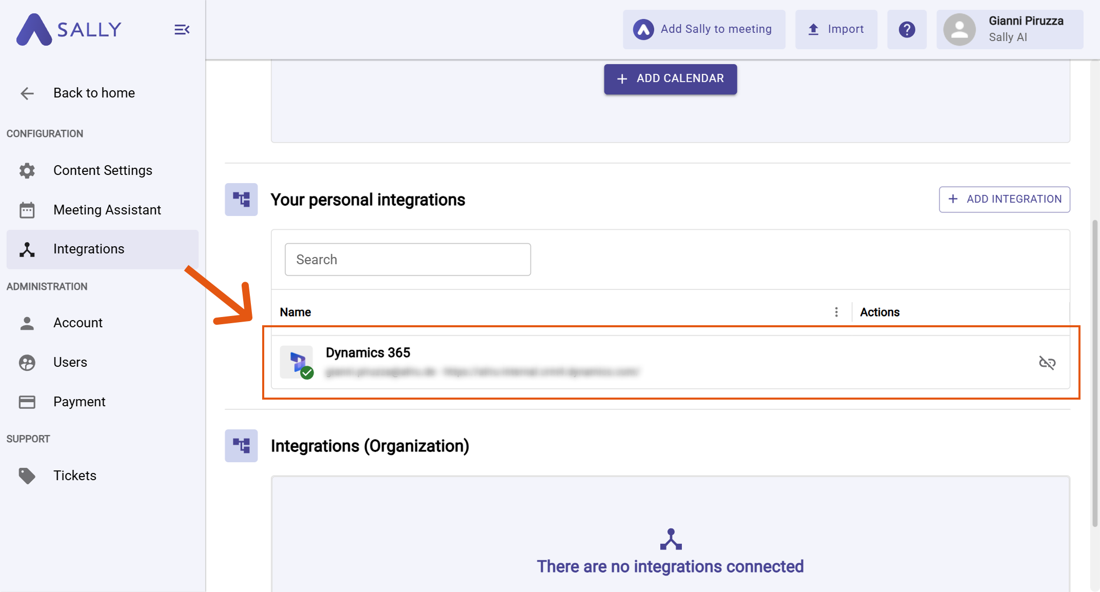 Dynamics 365 listed under Your personal integrations