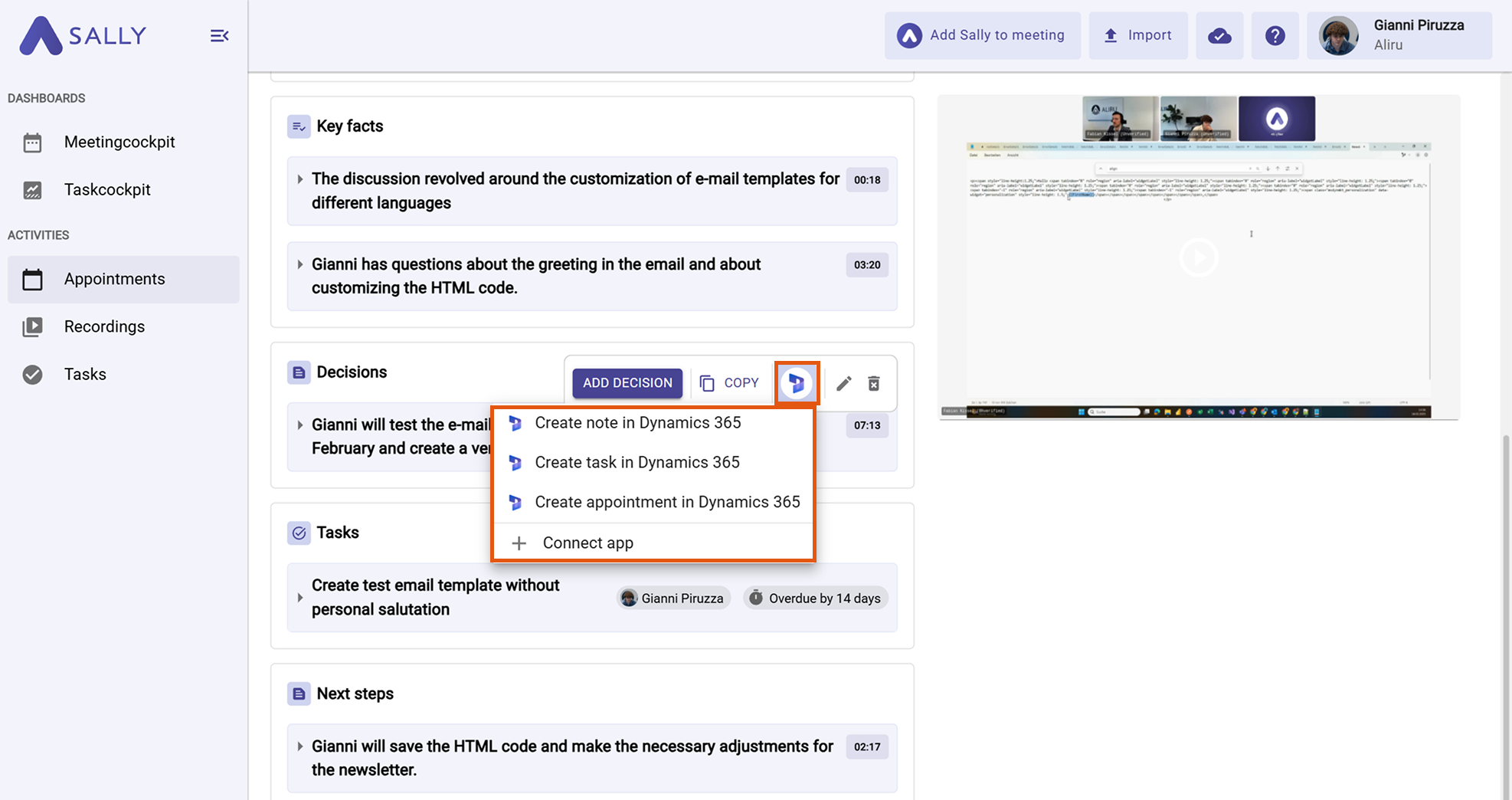 Dynamics 365 action menu with Create note / Create task / Create appointment