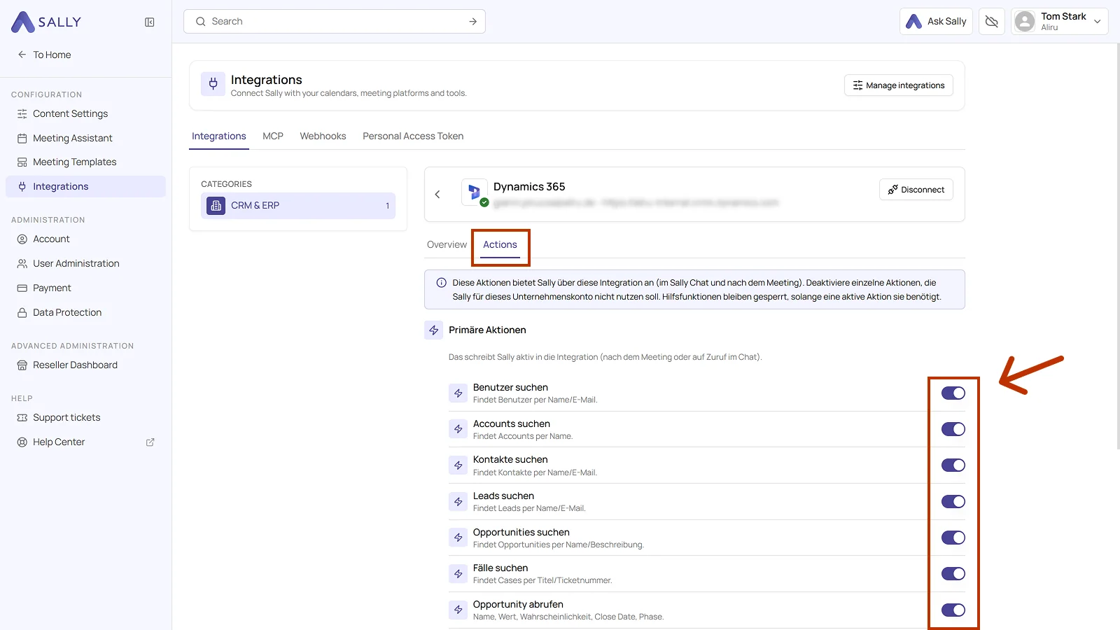 Actions tab of the connected Dynamics 365 integration with the toggles of the primary actions