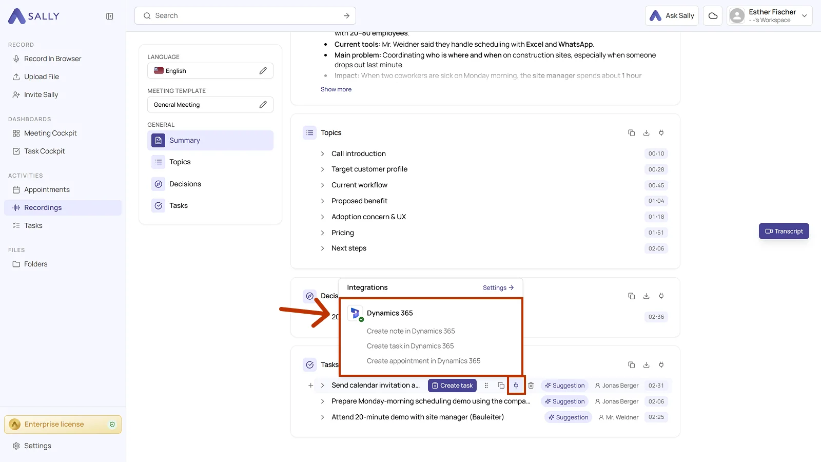 Integrations menu on a task with the three Dynamics 365 actions