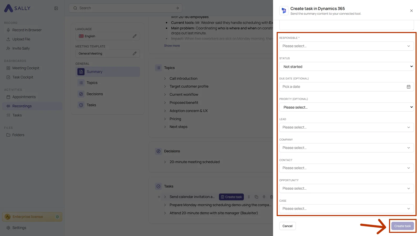 Create task in Dynamics 365 panel with responsible, status, due date, priority and the fields for the record