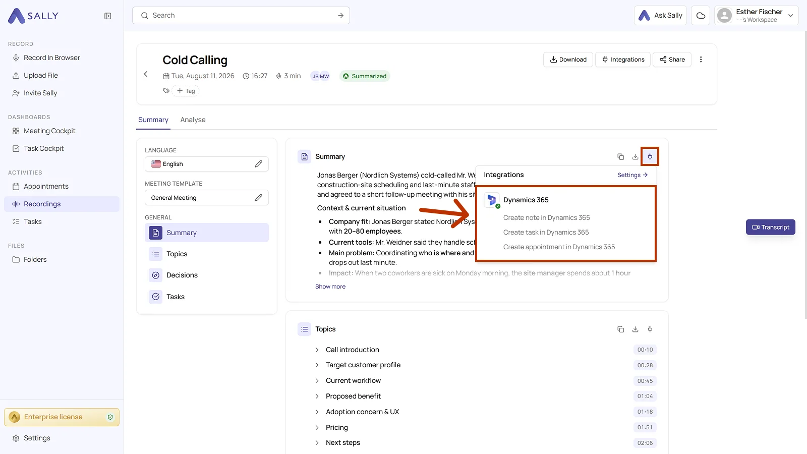 Integrations menu on the summary with the three Dynamics 365 actions