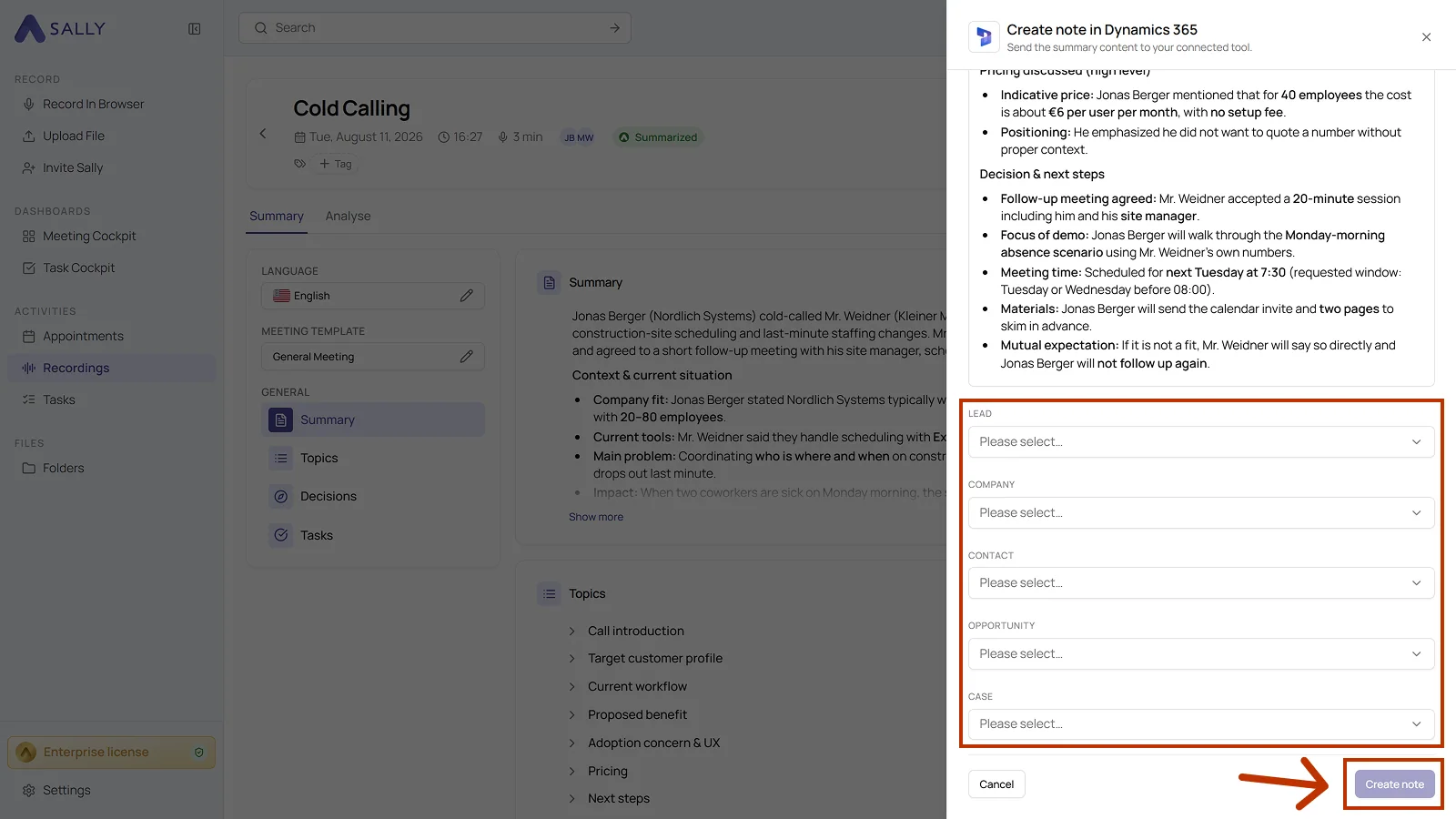 Create note in Dynamics 365 panel with subject, description and the fields for the record