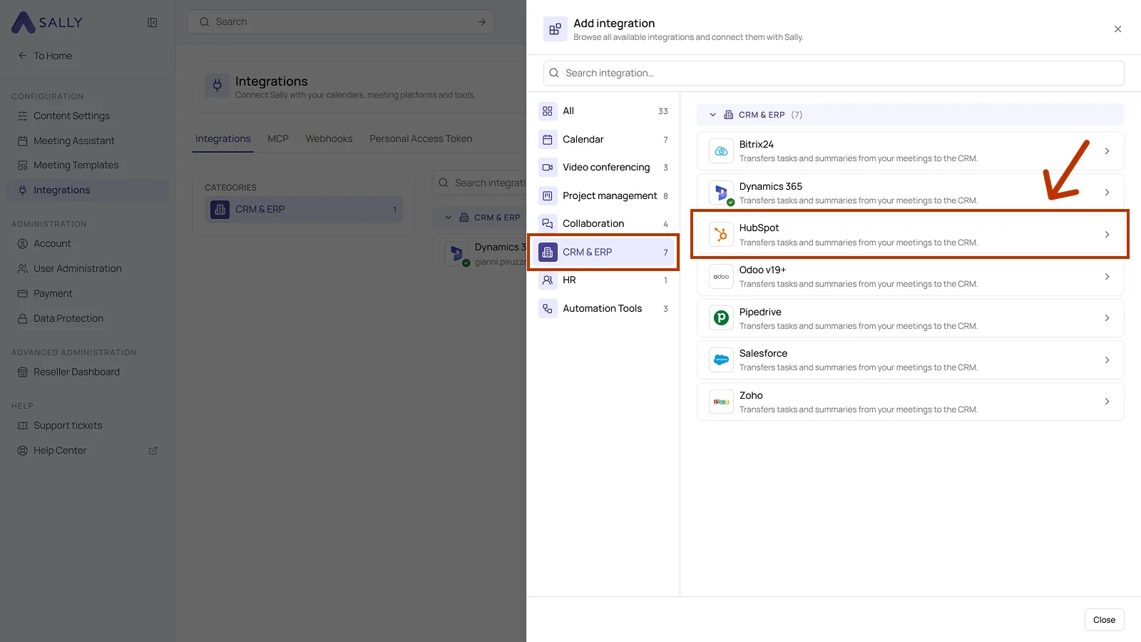List of integrations with the CRM and ERP category and the HubSpot entry highlighted