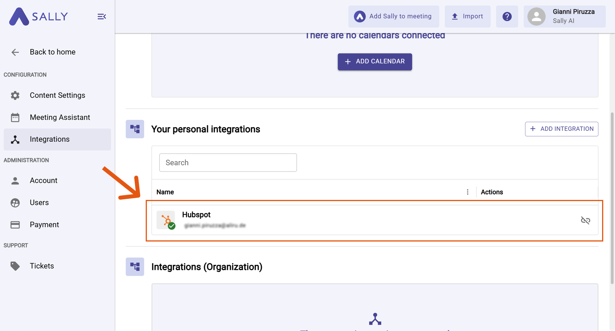 HubSpot listed under Your personal integrations