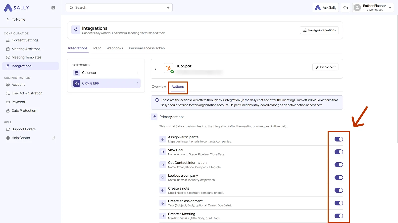 Actions tab of the connected HubSpot integration with the toggles of the primary actions