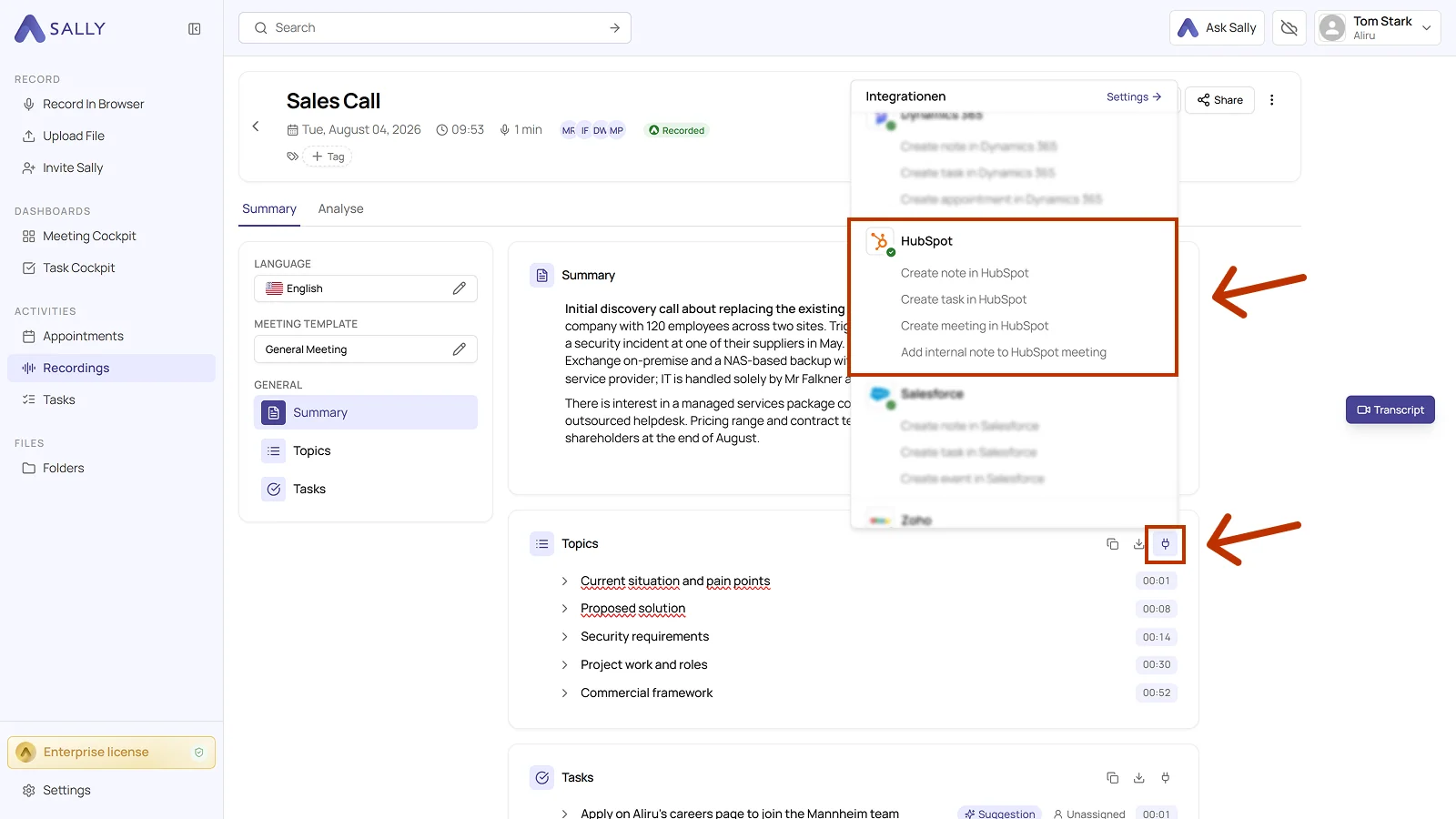 Recording in Sally with the Integrations menu open and the four HubSpot actions