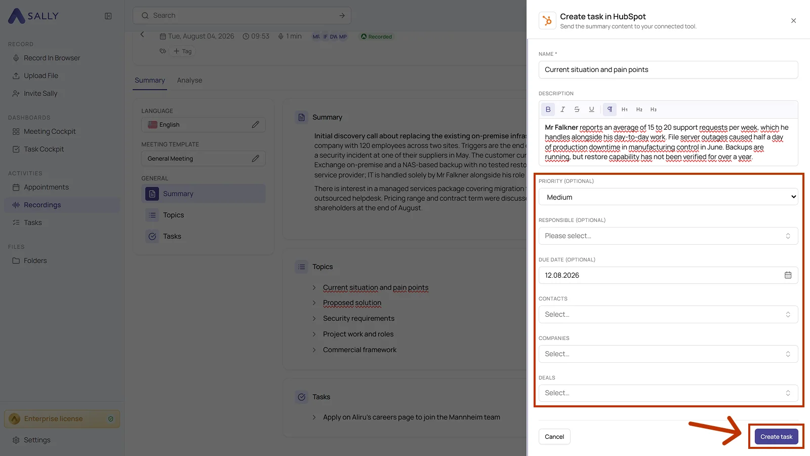 Create task in HubSpot panel with name, description, priority, responsible, due date and the fields for contacts, companies and deals