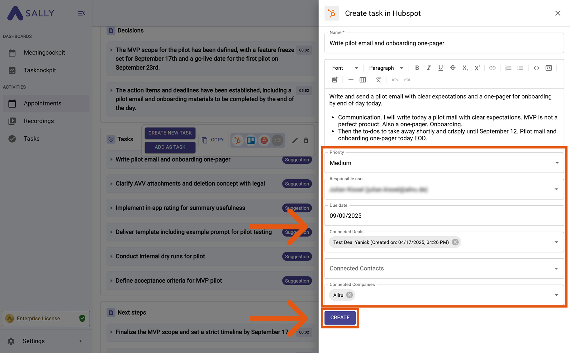 Create task in HubSpot modal with Priority, Assignee, Due date, Associations