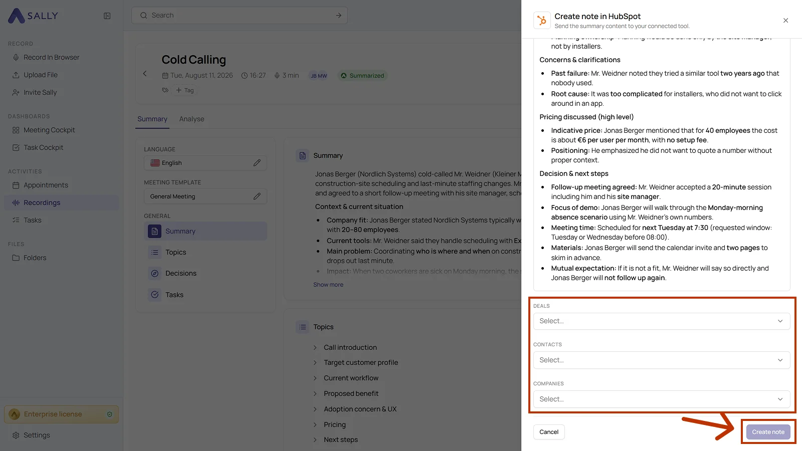 Create note in HubSpot panel with the prefilled content and the fields for deals, contacts and companies