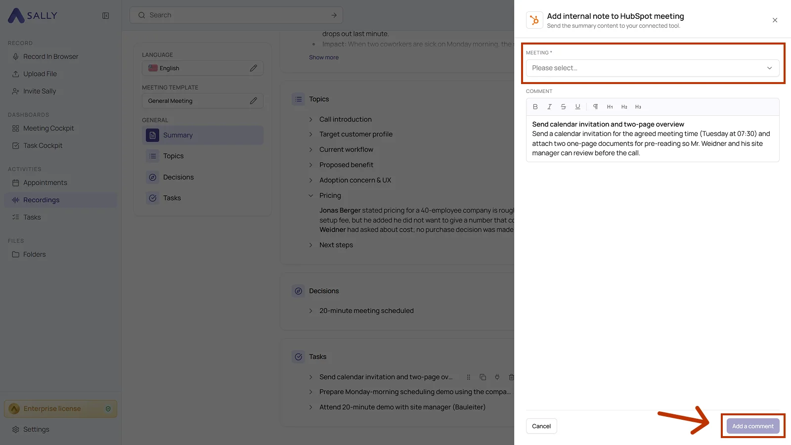 Add internal note to HubSpot meeting panel with the meeting selection and the prefilled comment