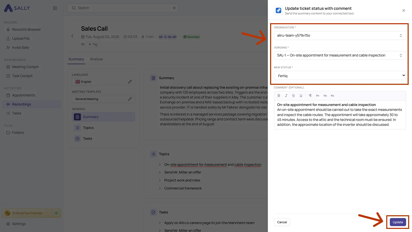 Update ticket status with comment dialog with organization, issue, new status, and comment