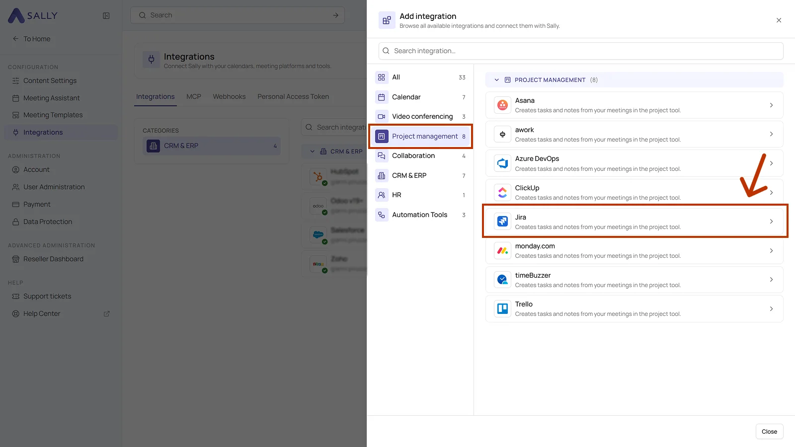 Add integration panel with the Project management category and Jira highlighted