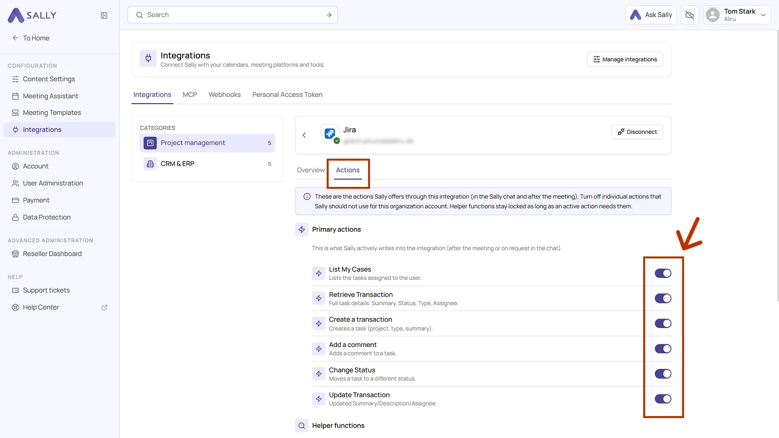 Actions tab of the Jira integration with the toggles for the primary actions