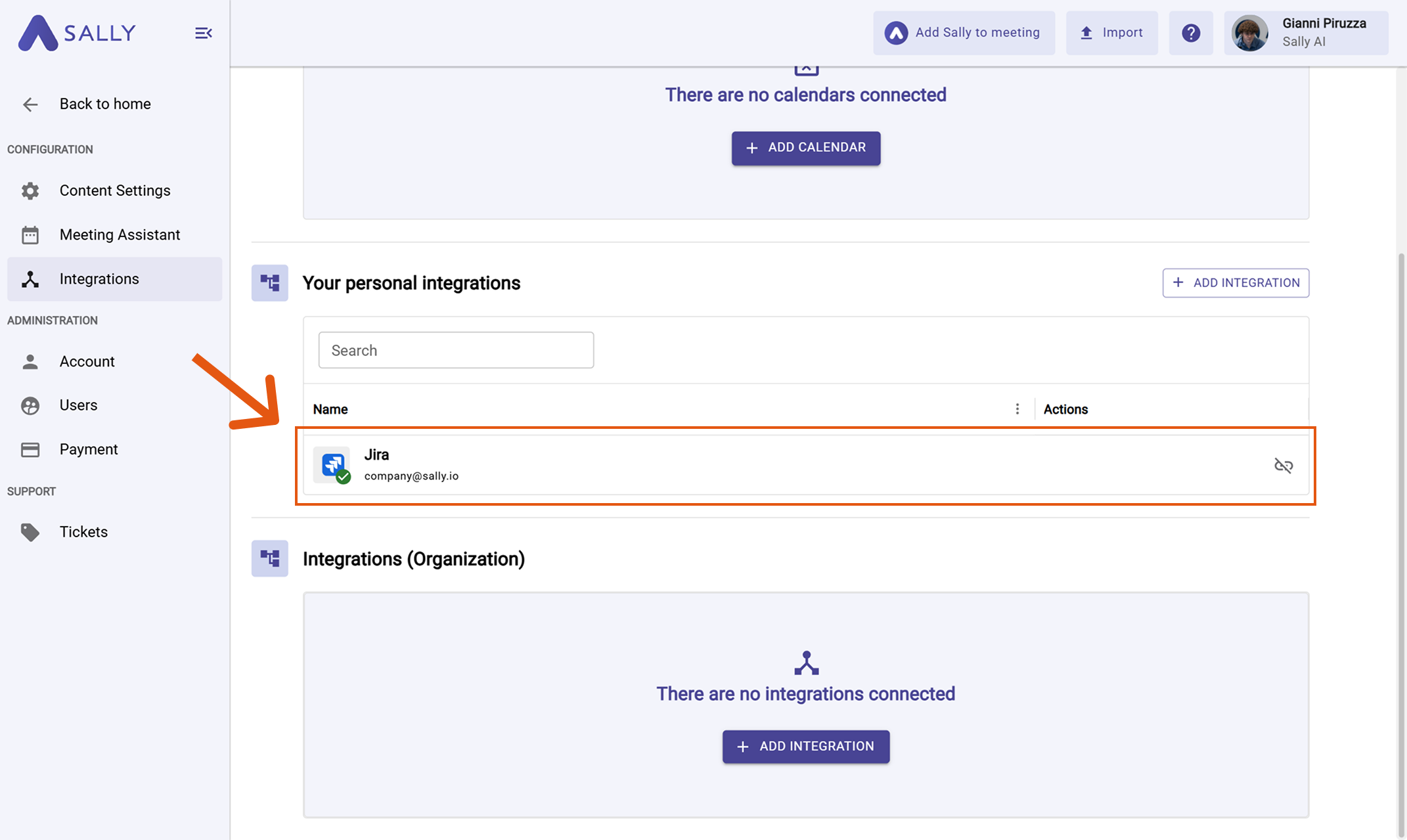 Jira listed under Your personal integrations