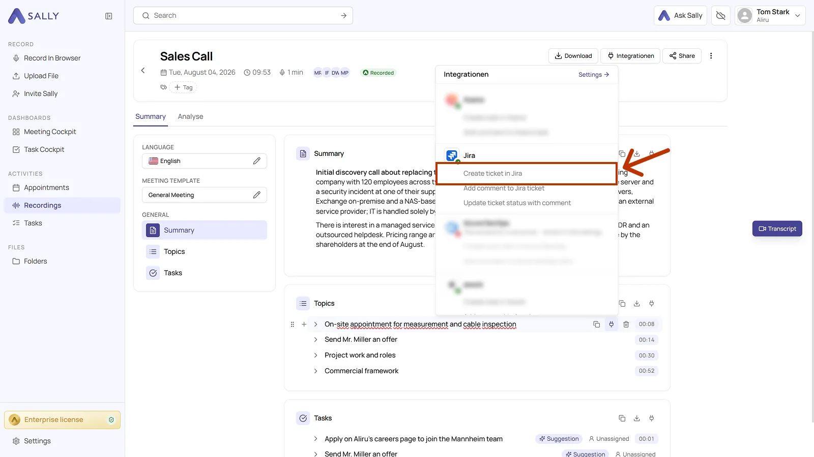 Meeting summary with the plug icon and the list of integrations, including Jira