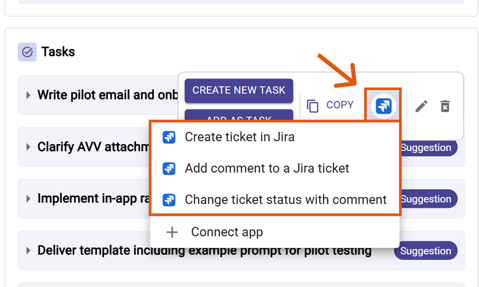 Jira action menu with Create ticket option