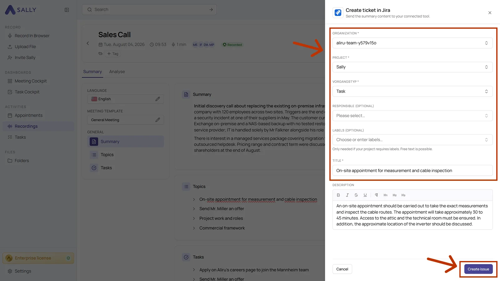 Create ticket in Jira dialog with organization, project, issue type, responsible, labels, and title