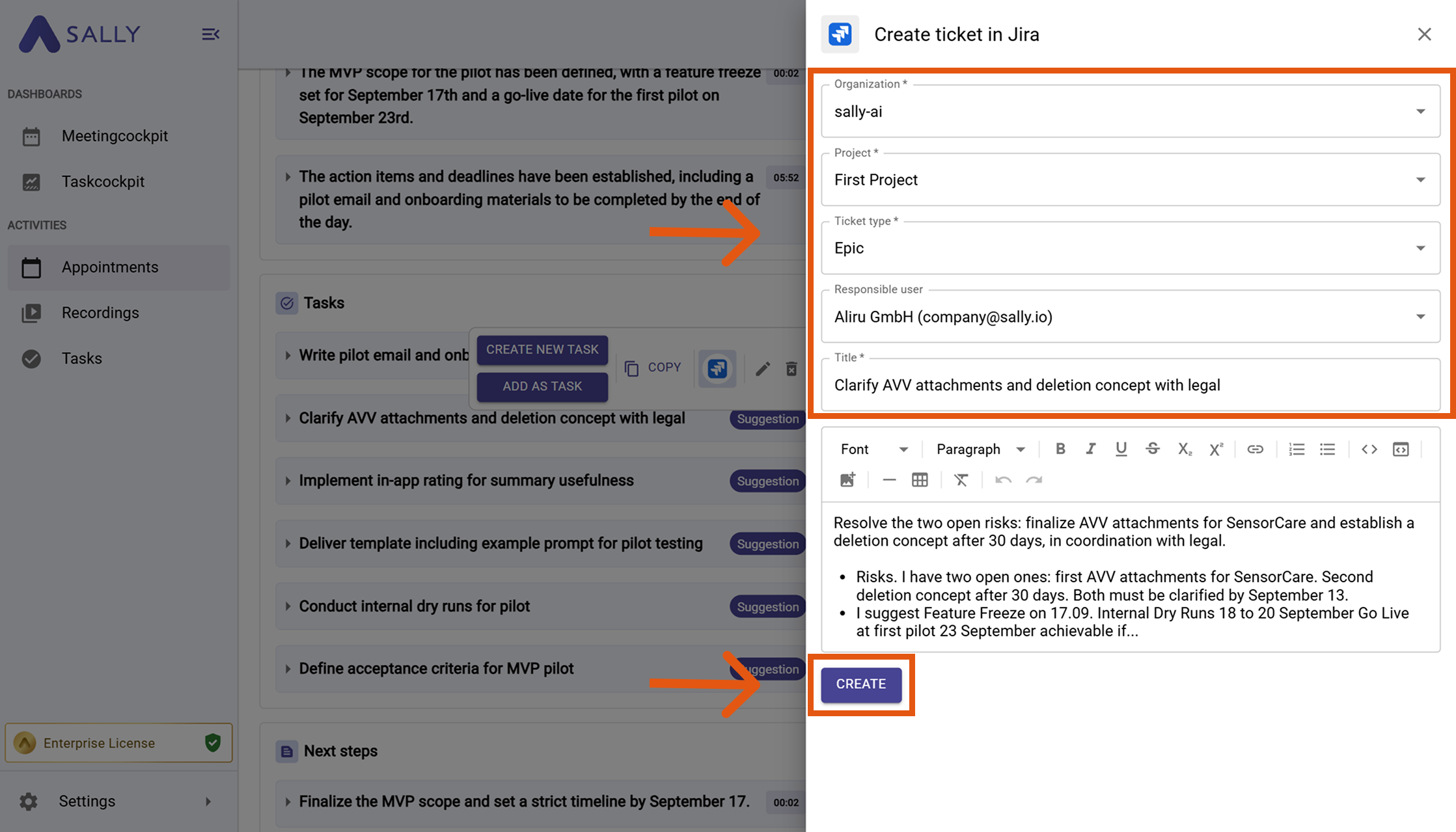 Create ticket in Jira modal with Project, Issue type, Assignee, Title