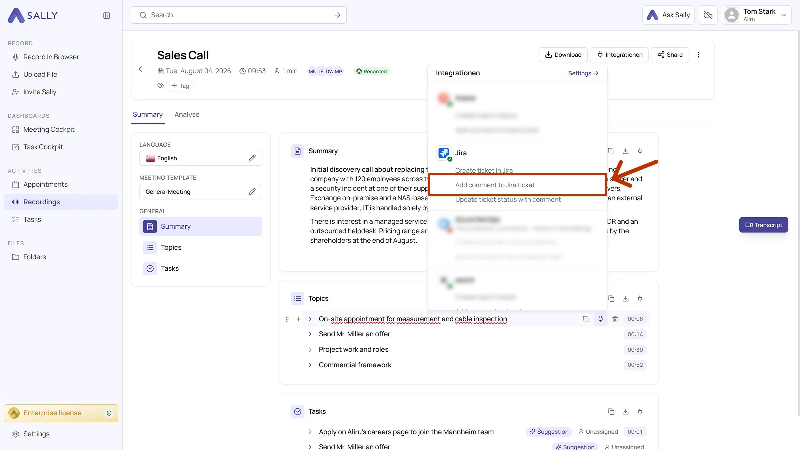 List of integrations with the Jira action for a comment