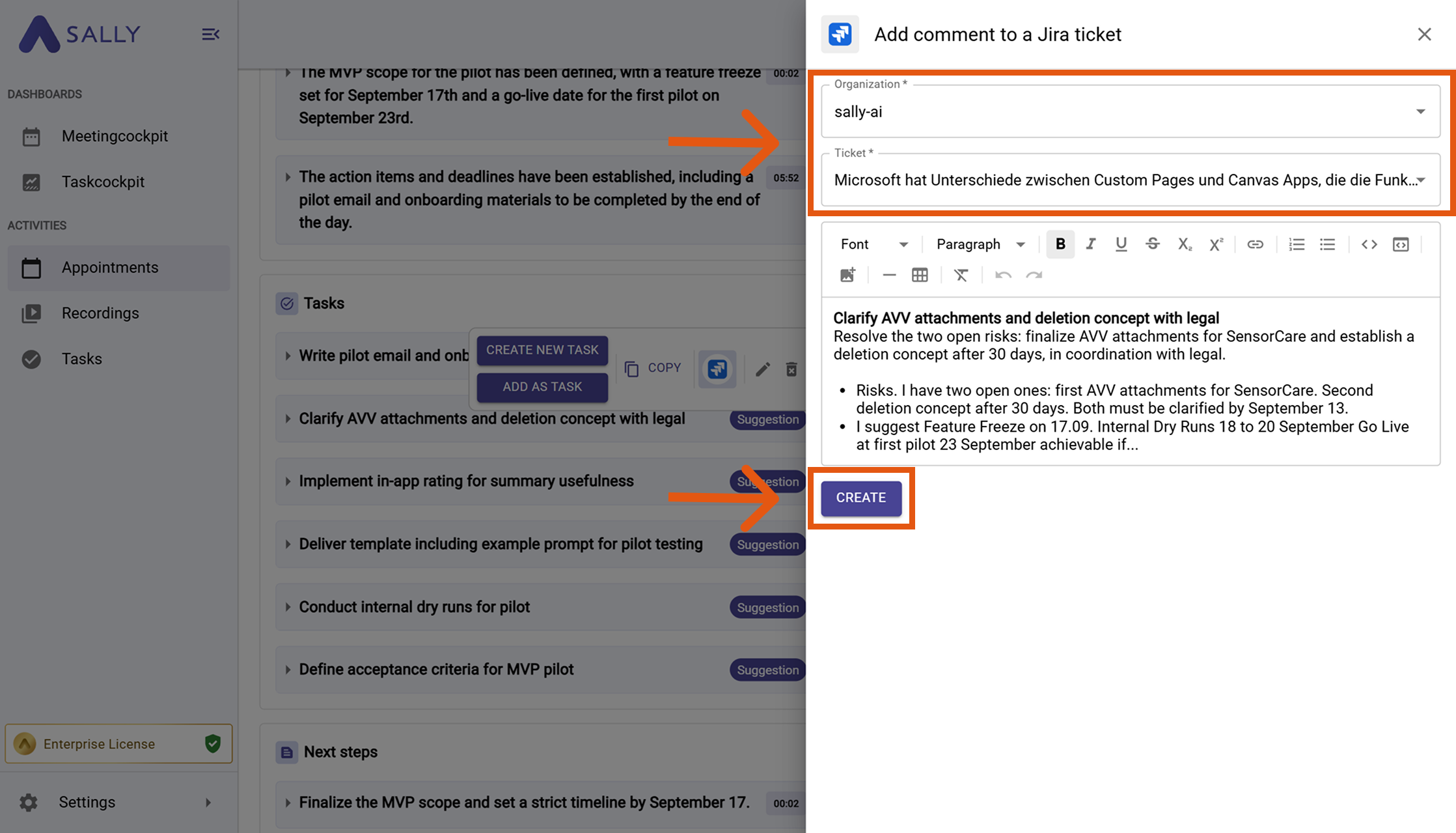 Add comment to Jira ticket modal with Organization and Ticket