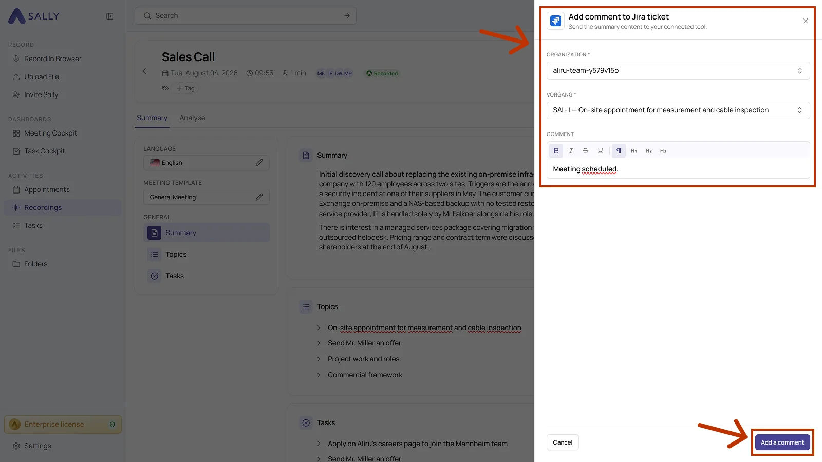 Add comment to Jira ticket dialog with organization, issue, and comment