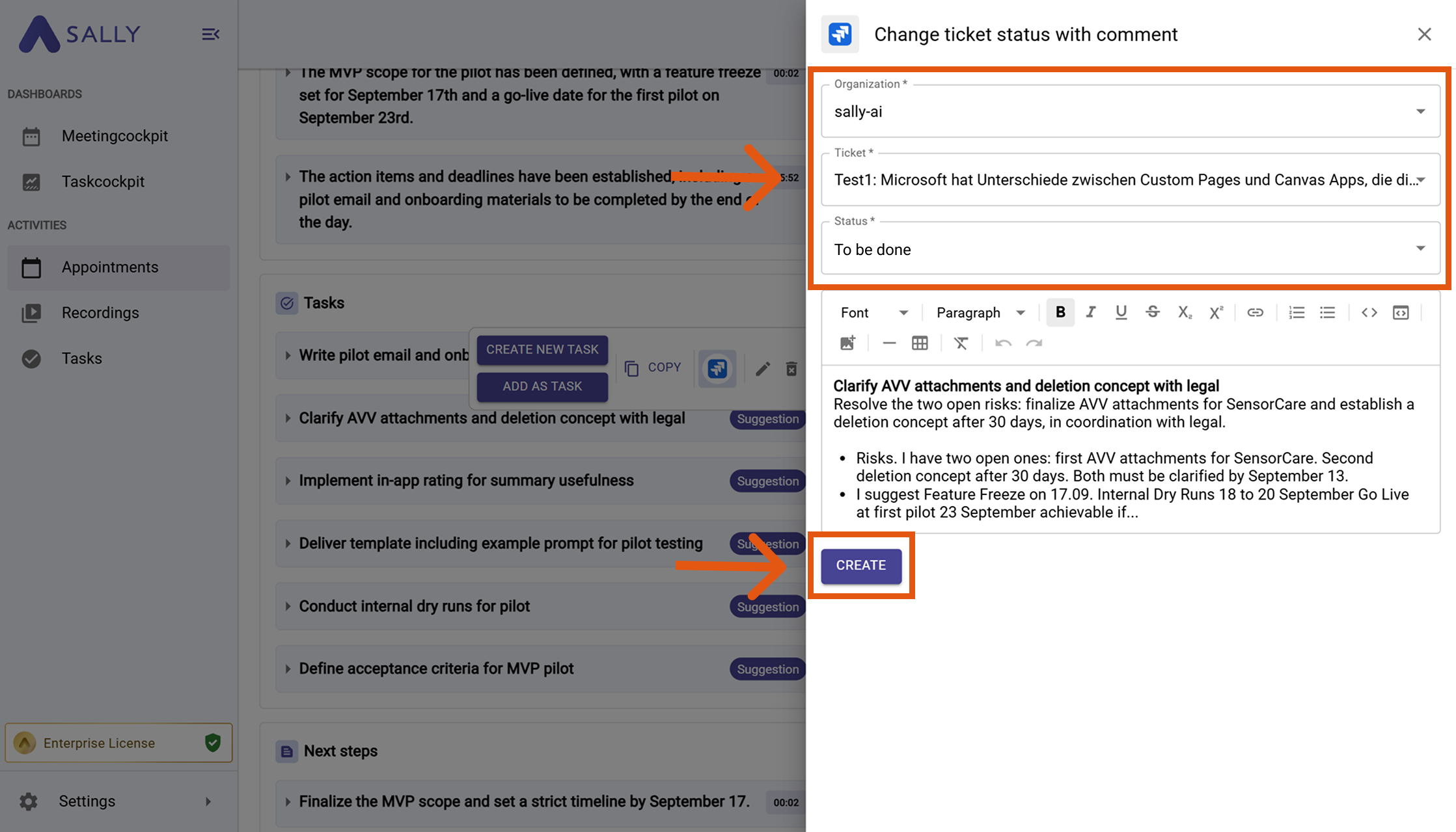Change ticket status in Jira modal with Organization, Ticket, Status