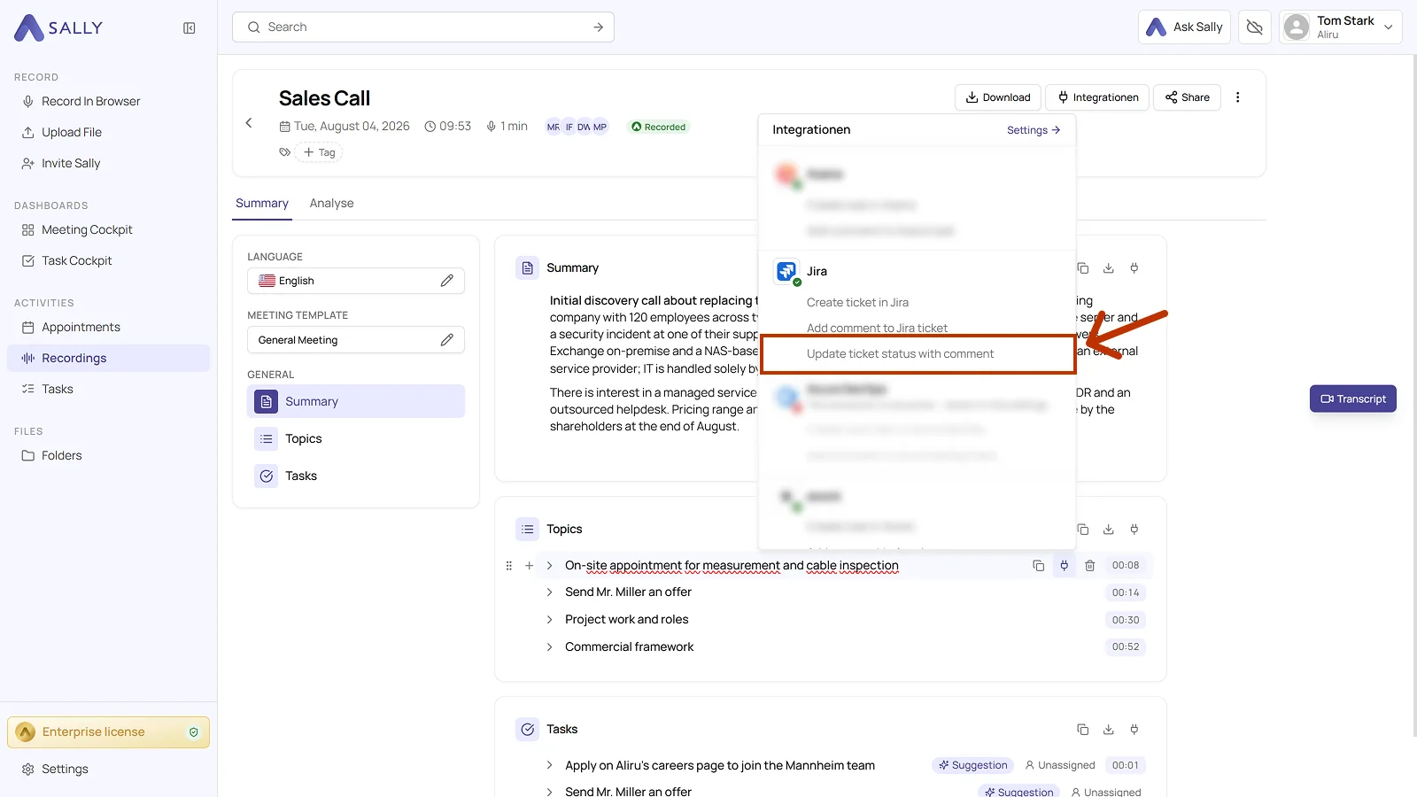List of integrations with the Jira action for a status change