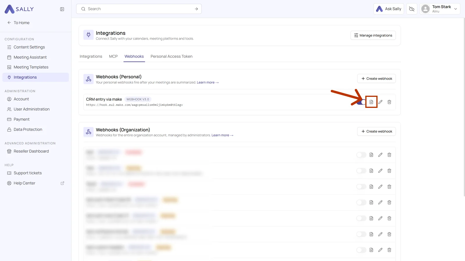 List of personal webhooks with the document icon for the logs highlighted