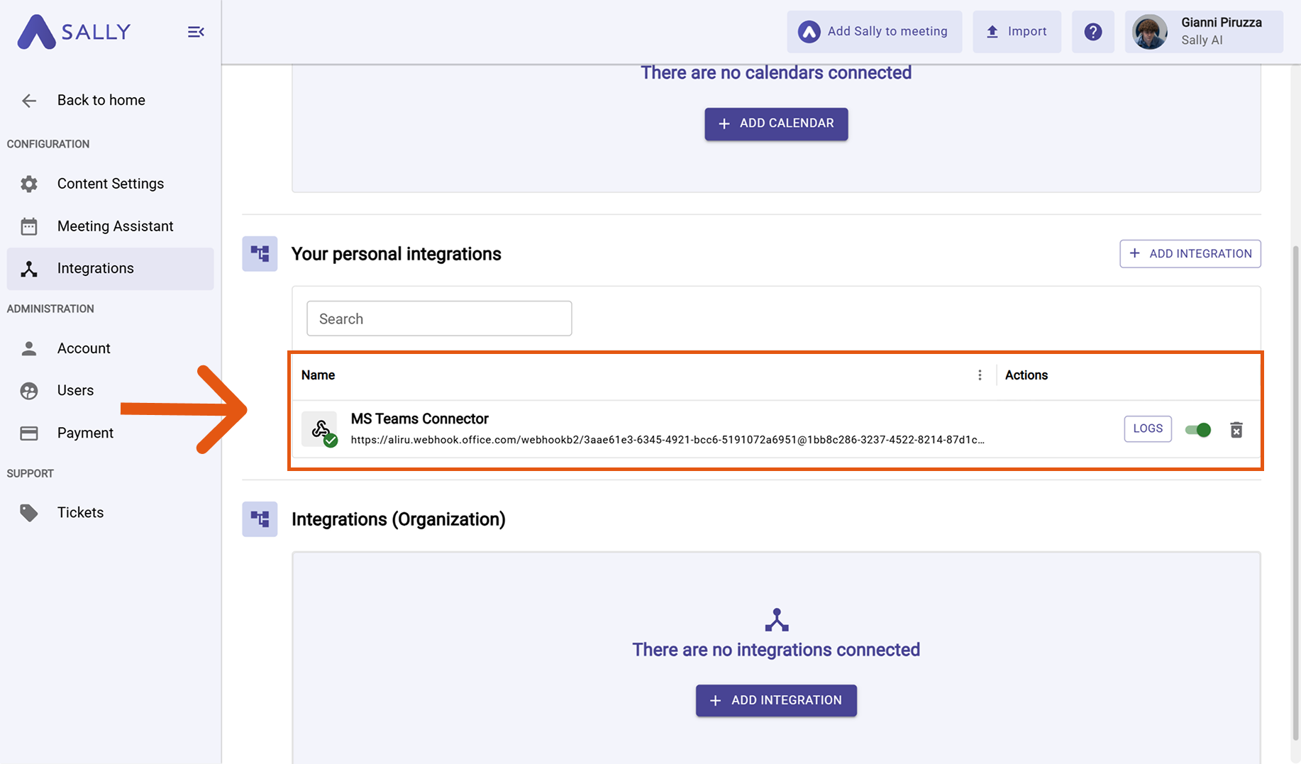 Webhook settings in Sally