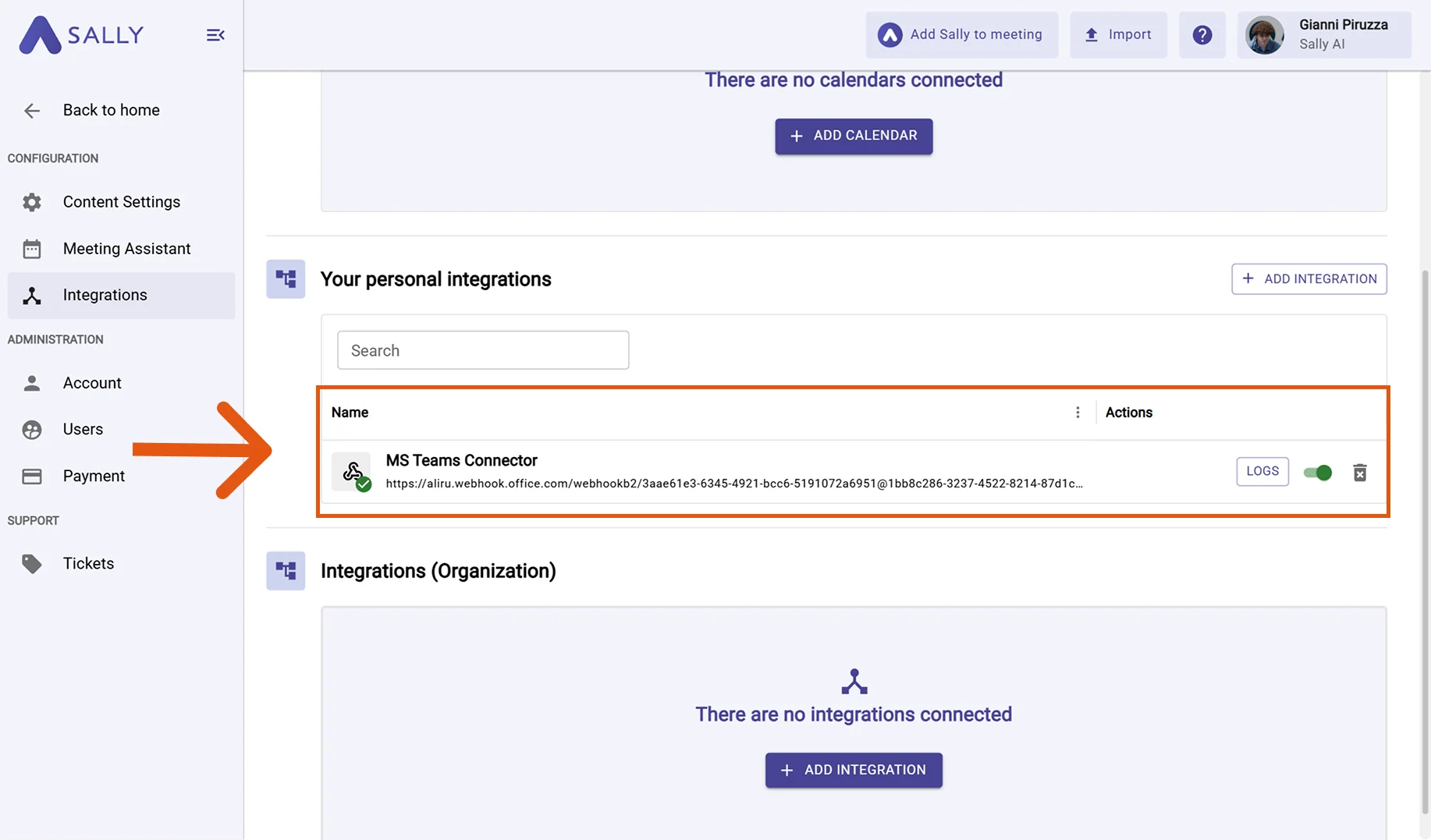 Webhook settings in Sally