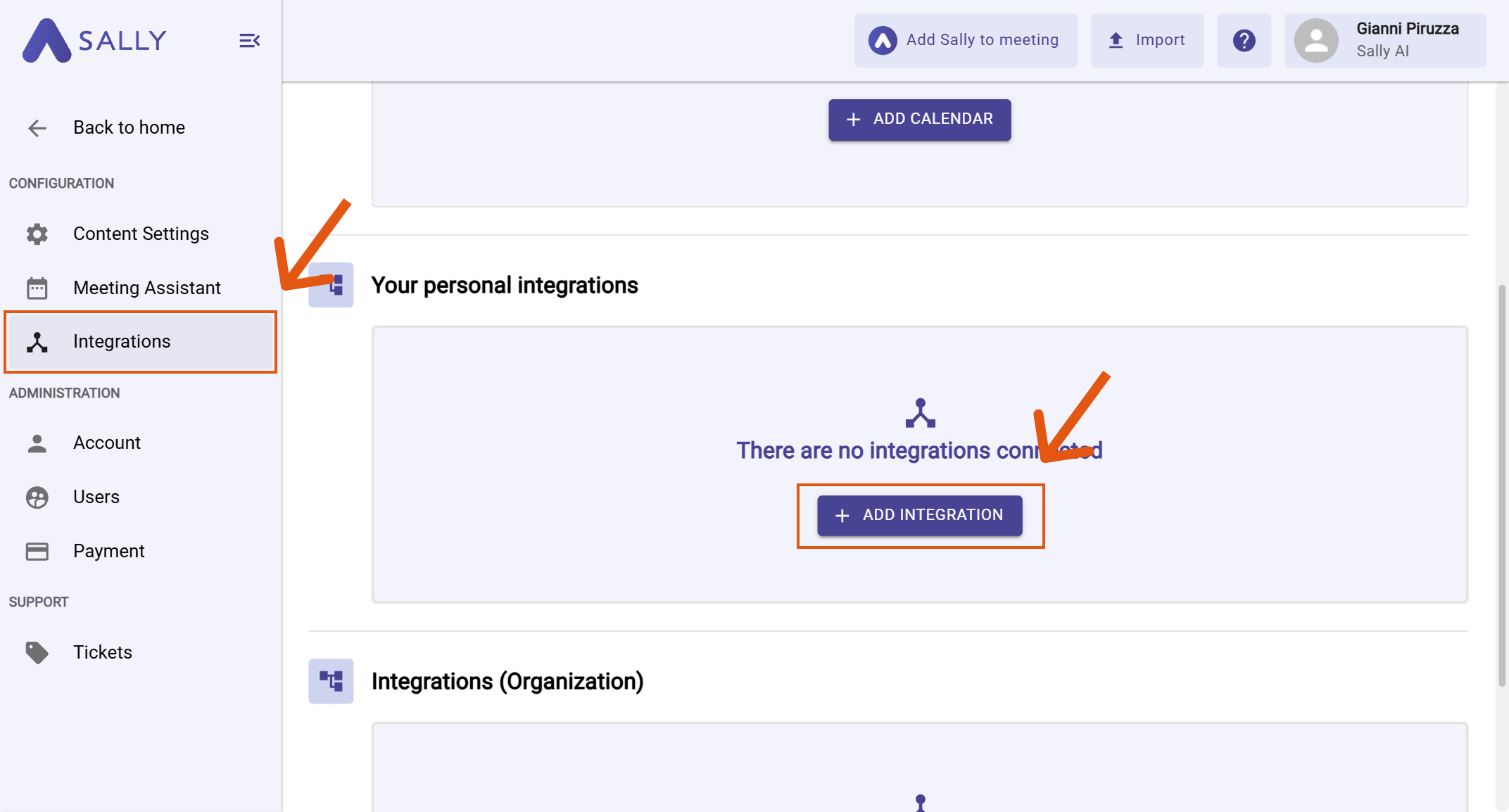 Sally interface with Settings highlighted