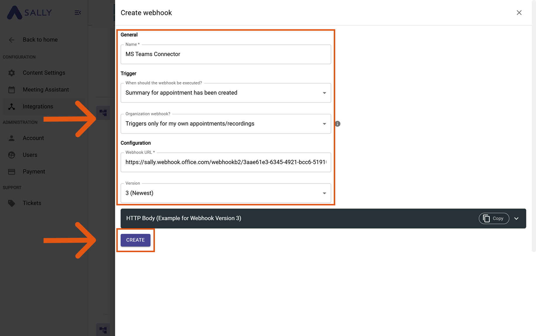 Create webhook dialog in Sally with key fields highlighted