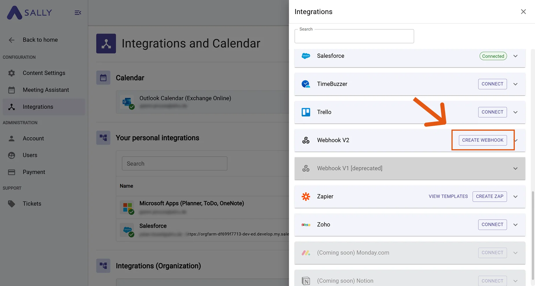 Integrations in Sally with highlighted Add Integration feature