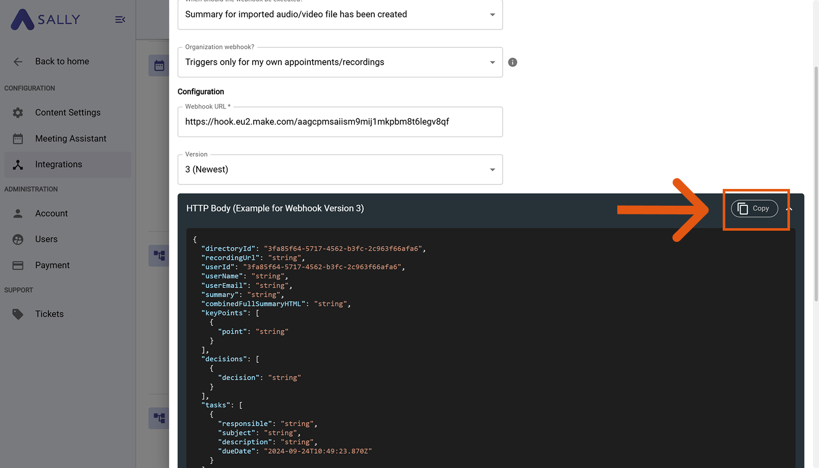 JSON payload example in Sally