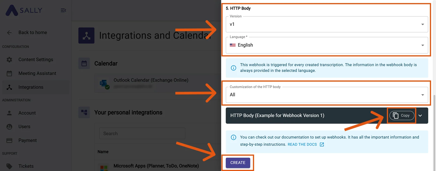 Webhook creation dialog in Sally with highlighted fields