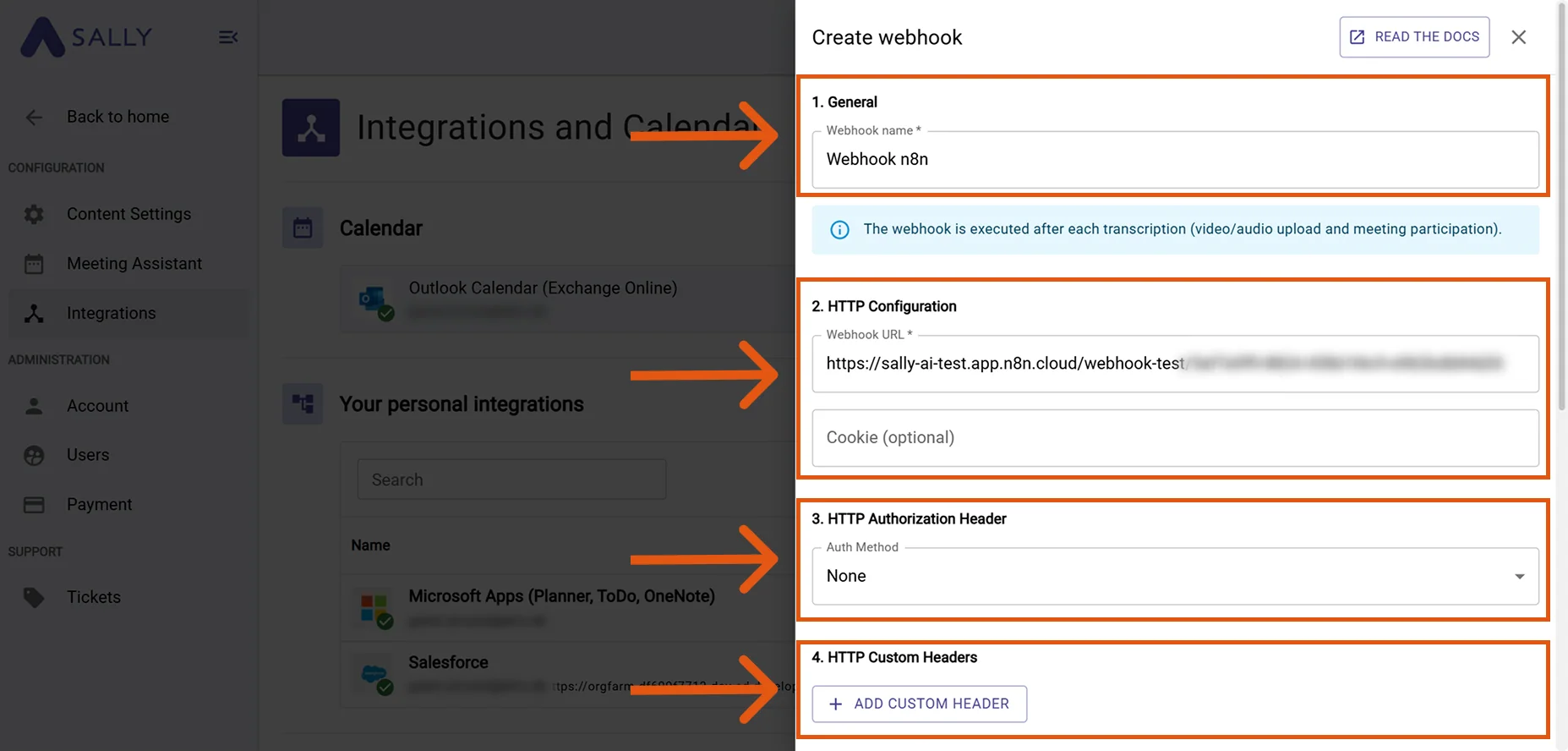 Webhook creation dialog in Sally with highlighted fields
