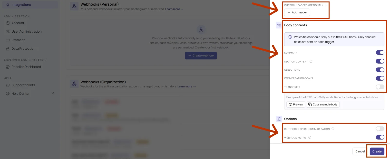 Lower part of the dialog with custom headers, body contents, example body and options