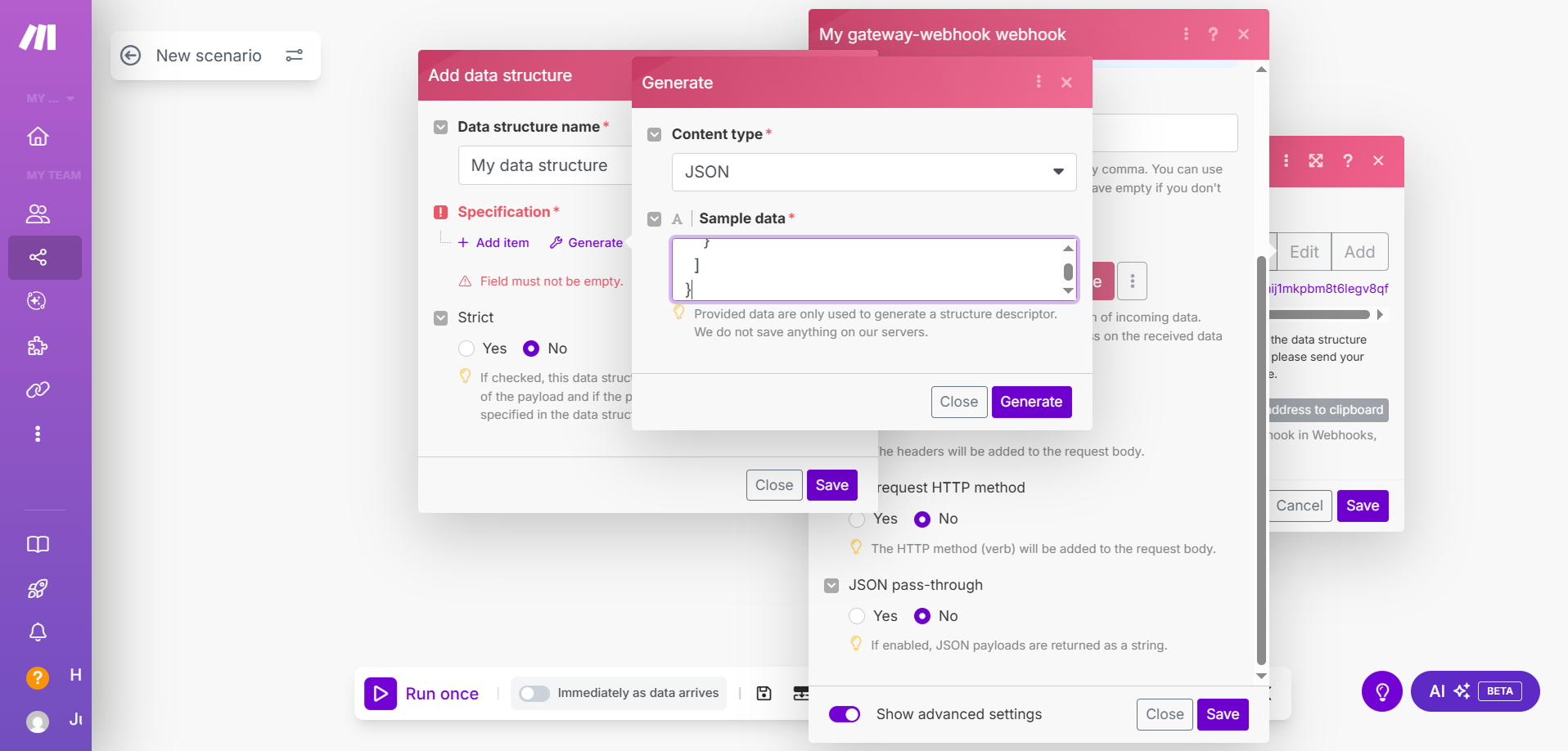 Make data structure editor with JSON payload pasted