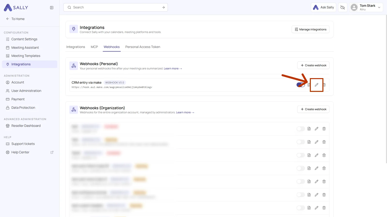 List of personal webhooks with the pencil icon for editing highlighted