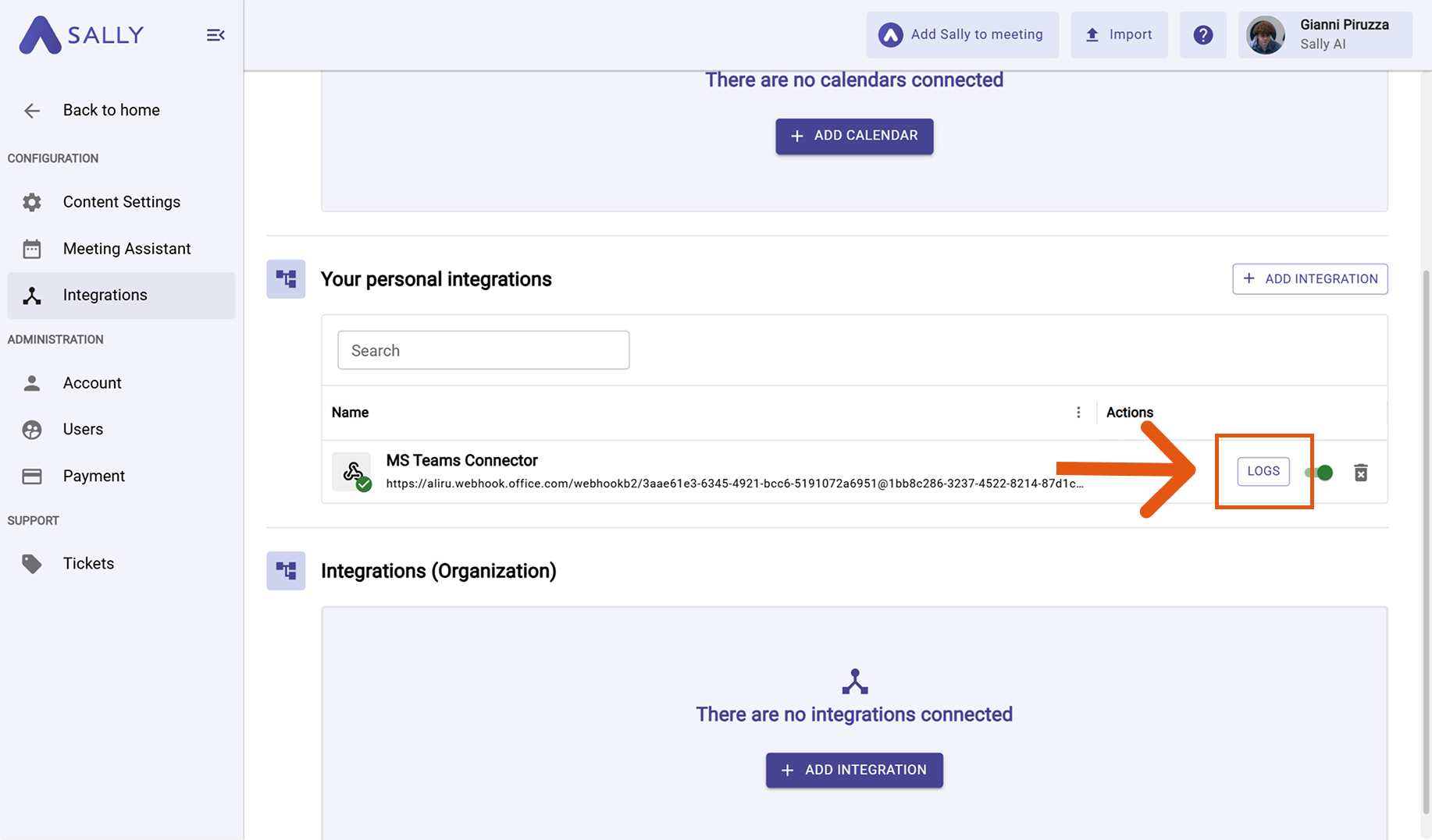 Sally webhook listed with Logs button highlighted