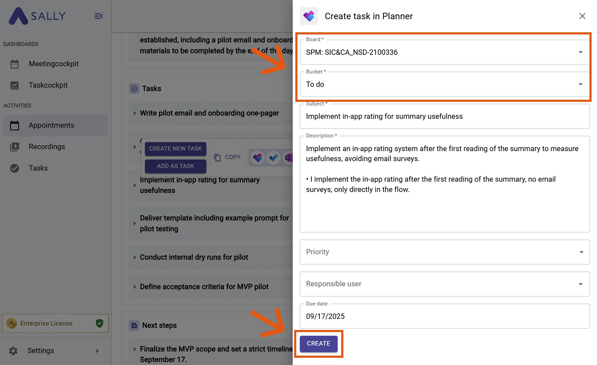 Planner task creation form